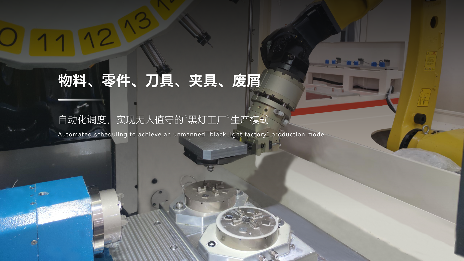 物料、零件、刀具、夹具、废屑进行自动化调度，实现无人值守的“黑灯工厂”生产模式